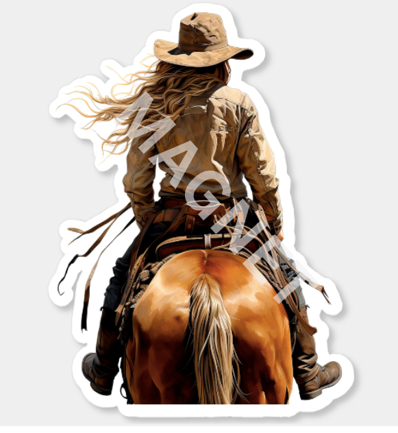 Car Magnet - Western Female Horse Rider Back View Magnet - 5.0" x 6.77"